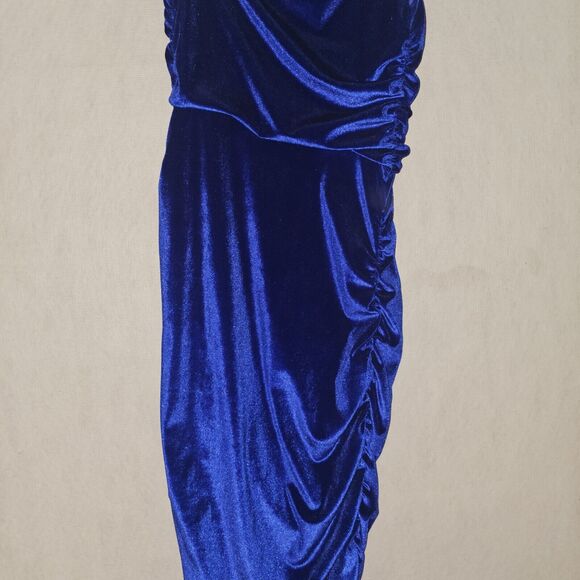 Blue Velvet Bandeau Maxi Dress One Shoulder Size Small Ruch Red Carpet Glam - Picture 13 of 14